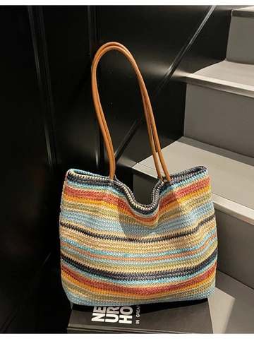 Damen Große Kapazität Gewebte Stroh Tragetasche Regenbogen Gestreift Bohemian Strand Handtasche Lässige Umhängetasche Für Den Urlaub