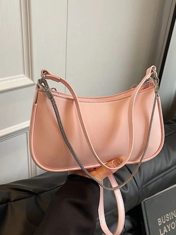 Solid Color PU Leather Baguette Bag For Women Minimalist Crossbody Underarm Bag With Chain Decoration Chic Daily Shoulder Bag