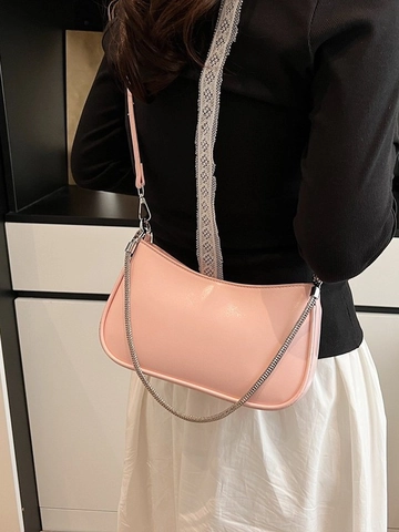 Solid Color PU Leather Baguette Bag For Women Minimalist Crossbody Underarm Bag With Chain Decoration Chic Daily Shoulder Bag