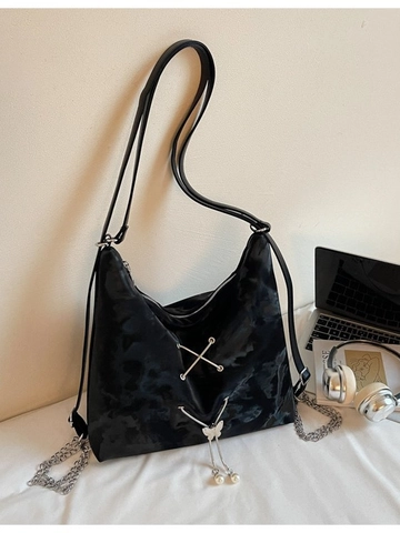Women Large Capacity PU Leather Backpack Multi-functional Tote Bag Shoulder Crossbody Bag With Butterfly Artificial Pearl Pendant Chain