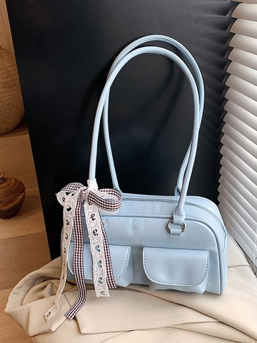 Borsa a Spalla da Donna in Pelle PU Lucida con Ciondolo a Fiocco Y2K Retro Borsa Sottobraccio Pendolare Doppia Tasca Boston Handbag
