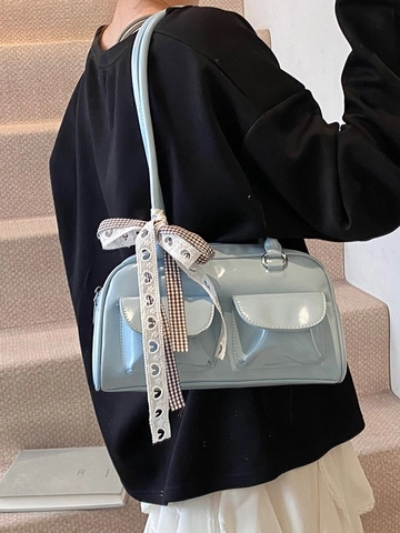 Borsa a Spalla da Donna in Pelle PU Lucida con Ciondolo a Fiocco Y2K Retro Borsa Sottobraccio Pendolare Doppia Tasca Boston Handbag