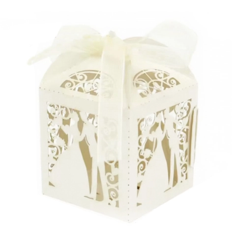 Laser Cut Wedding Candy Boxes Pearlescent Cardstock Bride And Groom Silhouette Gift Boxes With Ribbon For Wedding Party Favor