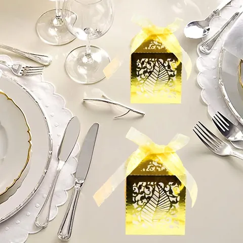 Elegantes Cajas de Caramelos con Patrón de Hojas Cortadas a Láser en Papel Perla Cajas de Regalo con Lazos para Bodas y Fiestas