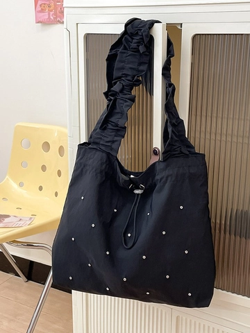 Nylon Rüschen Schulter Tote Bag Für Damen Lässig Große Kapazität Strass Verziert Kordelzug Handtasche Alltag Mode Tasche