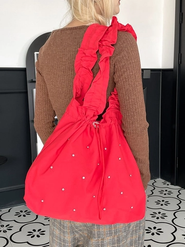 Nylon Rüschen Schulter Tote Bag Für Damen Lässig Große Kapazität Strass Verziert Kordelzug Handtasche Alltag Mode Tasche