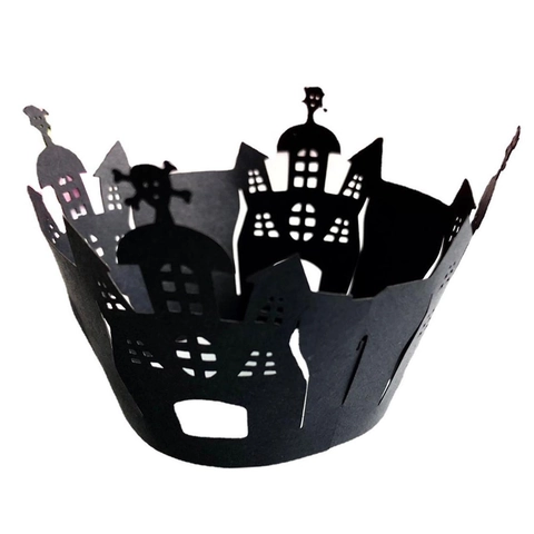 Halloween Laser Cut Cupcake Wrappers Black Cardboard Paper Gothic Castle Skull Bat Spider Web Cake Decoration Party Supplies