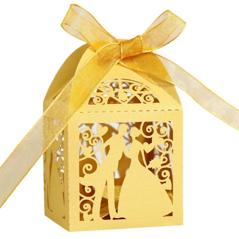 Laser Cut Wedding Candy Boxes Pearlescent Cardstock Bride And Groom Silhouette Gift Boxes With Ribbon For Wedding Party Favor