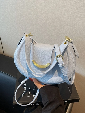 Minimalist PU Leather Saddle Bag For Women Vintage Lychee Grain Crossbody Bag Crescent Shoulder Bag With Golden Buckle