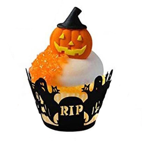 Halloween Laser Cut Cupcake Wrappers Ghost Tombstone RIP Design Paper Cake Topper Party Decoration Festive Cupcake Accessories