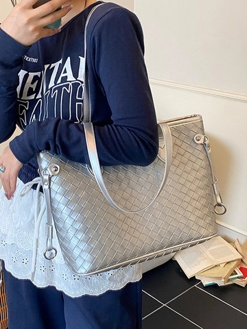 Damen Große Kapazität Gewebte Tragetasche Mode PU Leder Umhängetasche Stilvolle Pendler Handtasche Für Tägliches Einkaufen