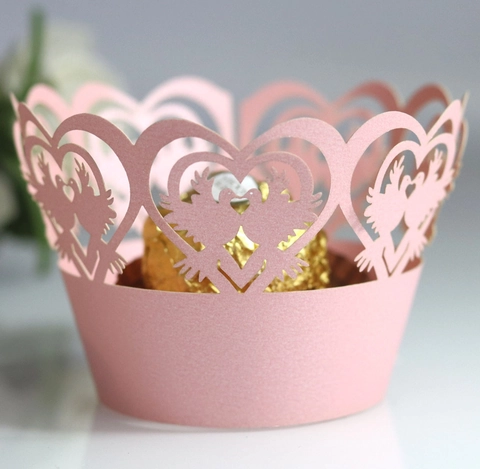 Laser Cut Bird Heart Pearlescent Paper Cupcake Wrappers Hollow Out Cake Decor For Wedding Party Romantic Cake Decorations
