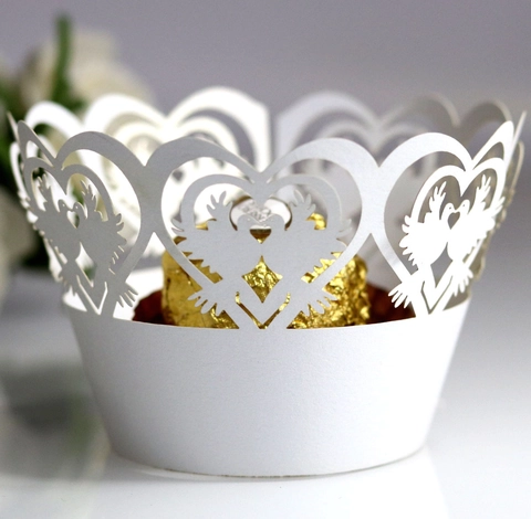 Pirottini per Cupcake Romantici Taglio Laser Carta Perlata Cuore Colomba Traforata Decorazione Torta per Matrimonio Festa Compleanno