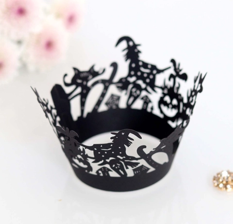 Halloween Cupcake Wrappers Laser Cut Hollow Paper Cake Wrappers Witch Pumpkin Bat Design For Birthday Wedding Party Decor