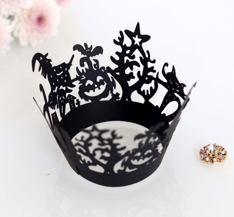 Halloween Cupcake Manschetten Lasergeschnitten Hexe Geist Kürbis Spinnennetz Silhouette Papier Spitze Dekorative Kuchen Manschetten Partybedarf