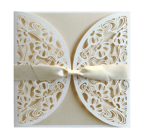 Élégantes Invitations de Mariage Découpées au Laser Papier Nacré Coque Florale Creuse Avec Carte Intérieure Ruban et Enveloppe Articles de Fête