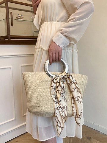 Damen Große Kapazität Gewebte Stroh Tote Bag Mit Metall Ringgriff Und Seidenschal Dekoration Sommer Strand Urlaub Handtasche