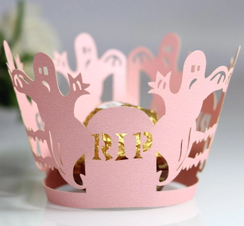 Halloween Laser Cut Cupcake Wrappers Ghost Tombstone RIP Design Paper Cake Topper Party Decoration Festive Cupcake Accessories