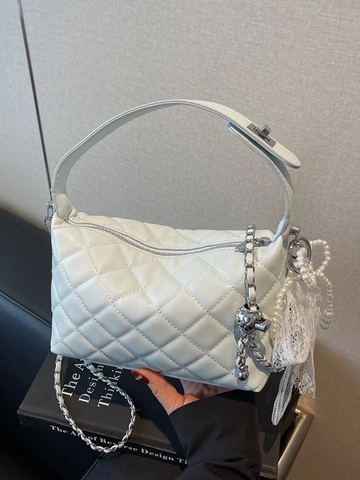 Borsa a Tracolla Trapuntata a Rombi da Donna Con Catena e Fiocco in Pizzo Perle Piccola Borsa a Mano a Cuscino Pendolare Quotidiana