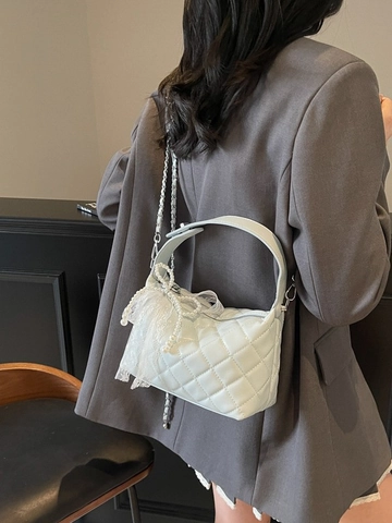 Borsa a Tracolla Trapuntata a Rombi da Donna Con Catena e Fiocco in Pizzo Perle Piccola Borsa a Mano a Cuscino Pendolare Quotidiana
