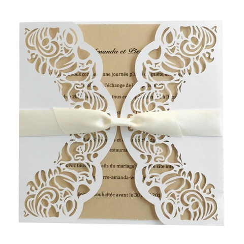Europäisches Laserschnitt Hochzeitseinladungskarten Set Mit Satinband Perlmuttpapier Florale Einladungskarten Für Hochzeit Party