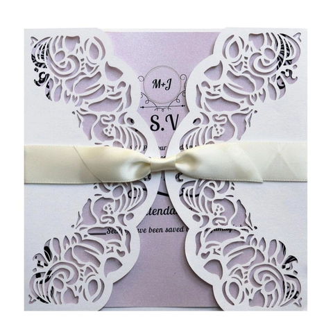 Europäisches Laserschnitt Hochzeitseinladungskarten Set Mit Satinband Perlmuttpapier Florale Einladungskarten Für Hochzeit Party