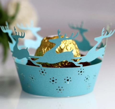 Envoltorios de Cupcake de Navidad con Reno y Copo de Nieve Cortados al Láser Ribete de Papel Hueco para Taza de Pastel para Decoraciones