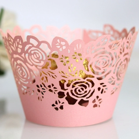 Elegant Rose Laser Cut Cupcake Wrappers Pearlescent Paper Hollow Liners For Wedding Party Birthday Banquet Decoration