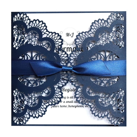 Elegante Laser Geschnitten Hochzeit Einladung Perlmuttpapier Hohl Spitze Blume Design Schleife Umschlag Verlobung Party