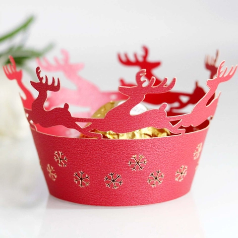 Envoltorios para Cupcakes de Reno Copo de Nieve de Navidad Cortados por Láser Bordes de Pastel de Papel Calado para Decoración de Fiesta Boda Cumpleaños