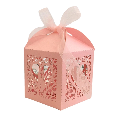 Caja de Regalo de Caramelos de Corazón con Corte Láser Estilo Europeo con Cinta para Boda Fiesta Cajas de Papel Rosa Blanco Oro