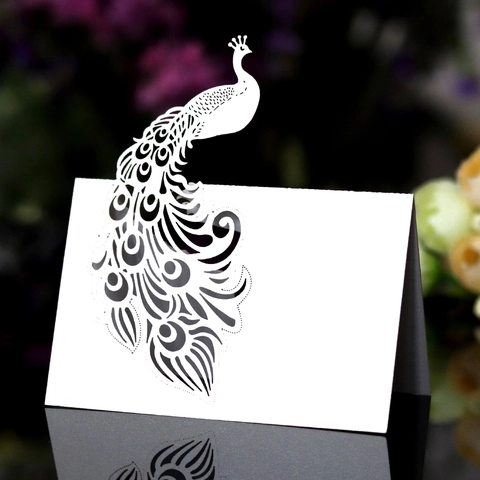 Eleganti Segnaposto a Forma di Pavone Intagliati al Laser in Carta Perlata per Matrimoni Banchetti Feste Decorazione Tavolo