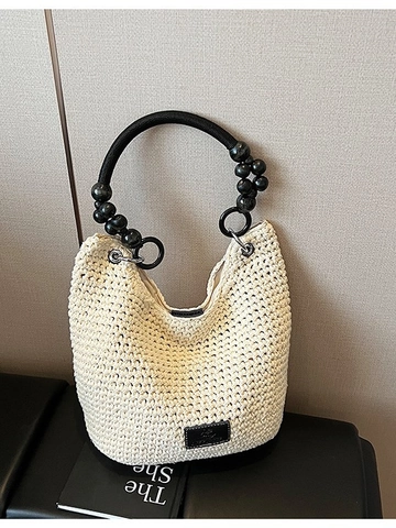 Bolso de Hombro Tejido para Mujer Bolso de Cubo de Paja Tejido a Mano Crochet Tote Con Asa de Cuentas Color de Contraste Gran Capacidad Bolso de Bandolera para Vacaciones Diario