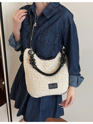 Bolso de Hombro Tejido para Mujer Bolso de Cubo de Paja Tejido a Mano Crochet Tote Con Asa de Cuentas Color de Contraste Gran Capacidad Bolso de Bandolera para Vacaciones Diario