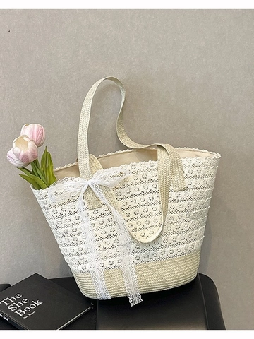 Damen Große Kapazität Stroh-Schultertasche Mit Spitze Schleife Dekor Urlaub Strand Tote Handtasche Sommer Casual