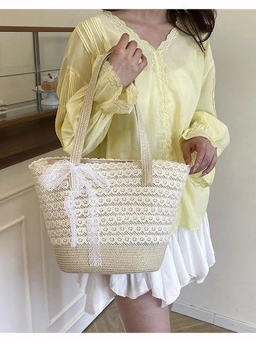 Damen Große Kapazität Stroh-Schultertasche Mit Spitze Schleife Dekor Urlaub Strand Tote Handtasche Sommer Casual