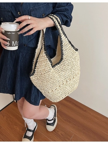 Borsa Tote da Donna in Paglia Intrecciata di Grande Capacità Estate Spiaggia Vacanza Borsa a Mano Intrecciata a Mano Con Bordo a Contrasto