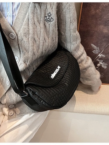 Women Quilted Nylon Saddle Bag Large Capacity Urban Casual Shoulder Crossbody Bag With Letter Patch Solid Color