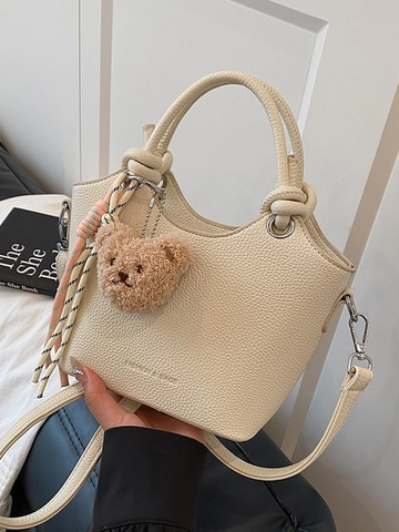 Damen Mode Kieselstruktur PU Leder Eimertasche Mit Süßem Bärenanhänger Und Schal Vielseitige Umhängetasche Für Den Täglichen Weg