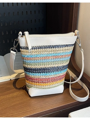 Borsa a Tracolla Intrecciata a Strisce Multicolore Bohemian Borsa per Cellulare a Secchiello in Paglia Estiva da Donna Casuale