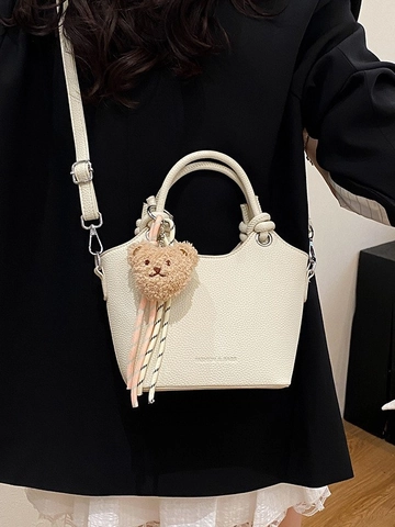 Damen Mode Kieselstruktur PU Leder Eimertasche Mit Süßem Bärenanhänger Und Schal Vielseitige Umhängetasche Für Den Täglichen Weg
