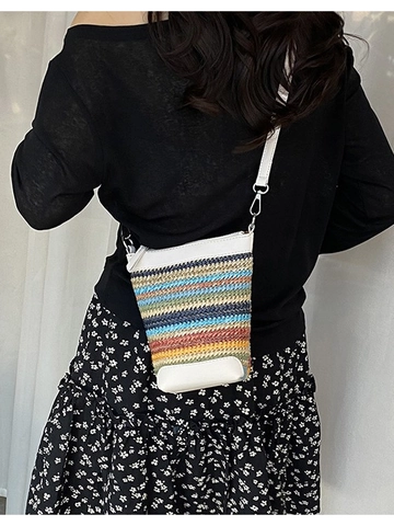 Borsa a Tracolla Intrecciata a Strisce Multicolore Bohemian Borsa per Cellulare a Secchiello in Paglia Estiva da Donna Casuale