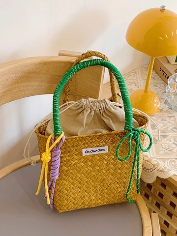 Women Handwoven Straw Bucket Bag With Colorful Braided Rope Handle Summer Beach Vacation Drawstring Inner Pouch Tote Handbag
