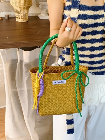 Women Handwoven Straw Bucket Bag With Colorful Braided Rope Handle Summer Beach Vacation Drawstring Inner Pouch Tote Handbag