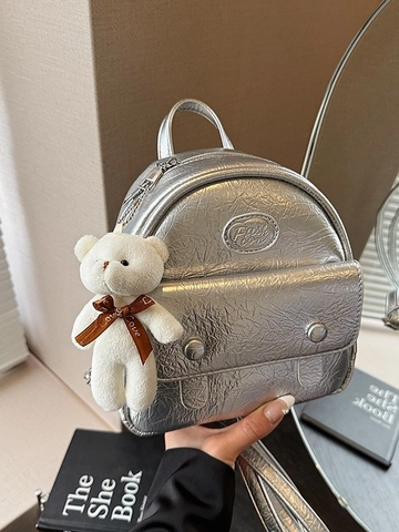 Vintage Women Mini Backpack Y2K Metallic PU Leather Wrinkled School Bag Fashion Travel Small Backpack With Plush Bear Charm