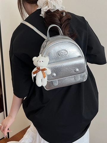 Vintage Women Mini Backpack Y2K Metallic PU Leather Wrinkled School Bag Fashion Travel Small Backpack With Plush Bear Charm