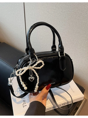 Bolso de Hombro Boston de Gran Capacidad para Mujer de Cuero PU Brillante Vintage Con Colgante de Lazo de Perlas Artificiales