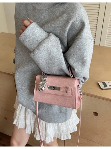 Borsa Kelly da Donna Alta Moda in Pelle PU Texture Increspata Borsa a Mano Spalla Tracolla Con Ciondolo Animale in Metallo Argento