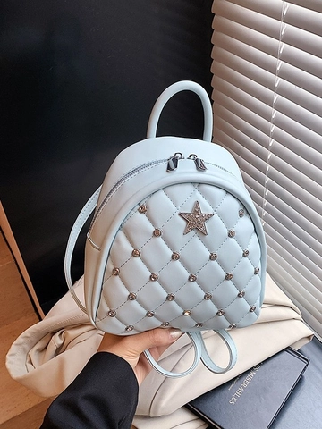 Women Fashion Quilted PU Leather Mini Backpack With Star Rhinestone Rivet Decoration For Daily Commute Versatile Bag