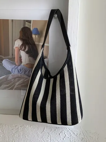 Borsa a Tracolla Intrecciata a Strisce Casual da Donna Tote Bag all'Uncinetto Grande Capacità Borsa da Spiaggia Viaggio Moda